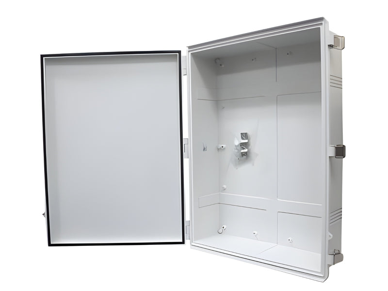 White industrial cabinet with open door on a white background