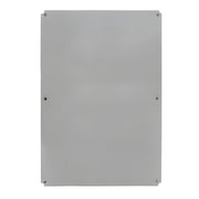 Metallic rectangular panel with screws on a white background