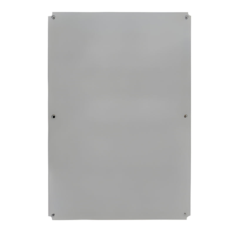 Metallic rectangular panel with screws on a white background