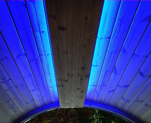 Wooden structure with blue LED lights on a wooden floor