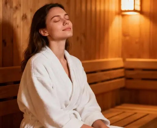 Woman in a white robe sitting in a wooden sauna
