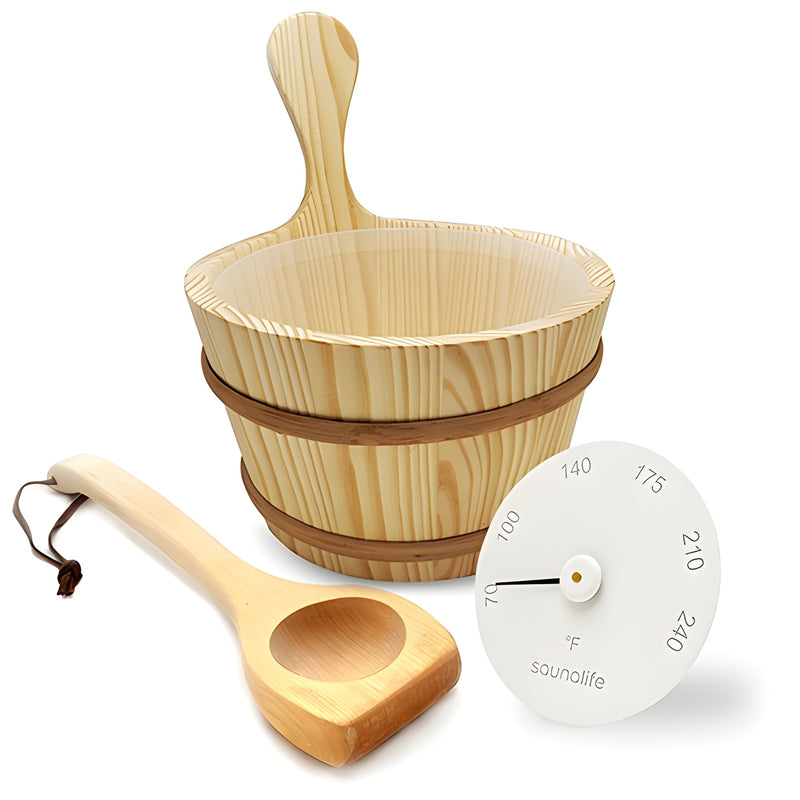 Wooden sauna bucket and ladle with a temperature gauge on a white background