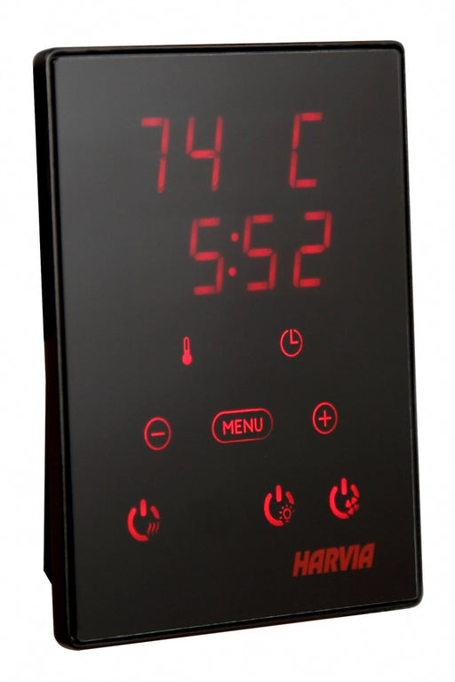 Digital display with red text and icons on a black background, featuring the Harvia brand.
