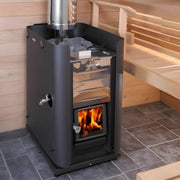 Wood-burning sauna heater  in a sauna with visible flames and Harvia branding.