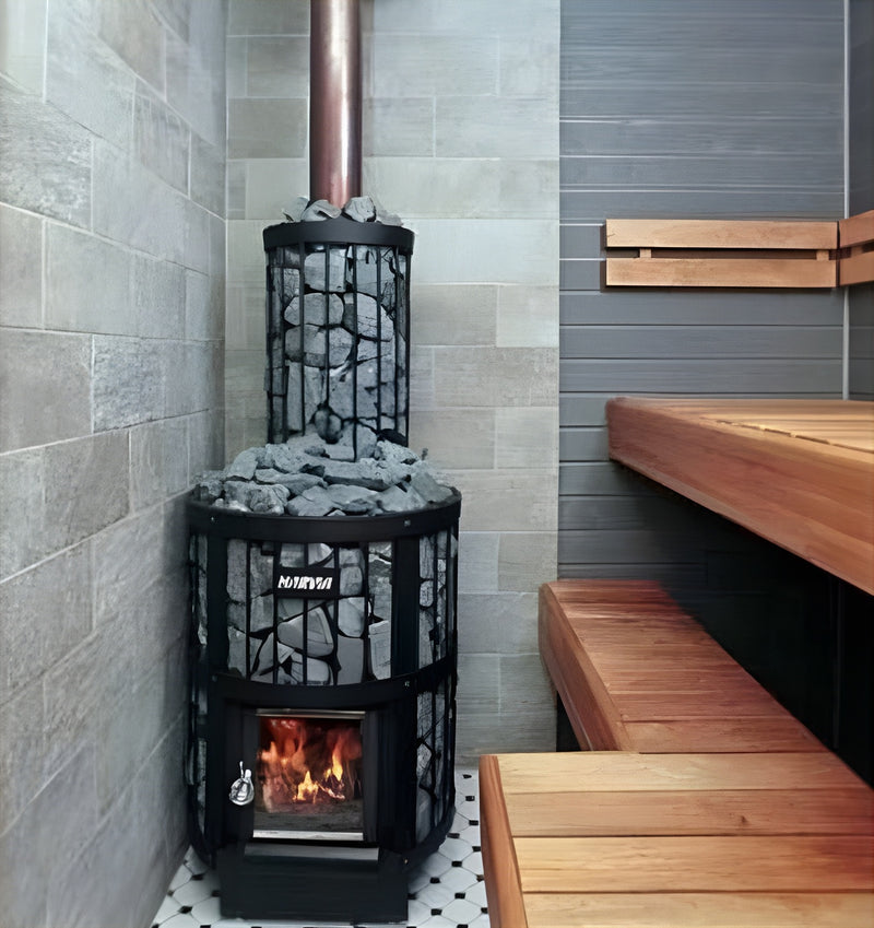 Wood-burning sauna heater in a tiled room with wooden benches.