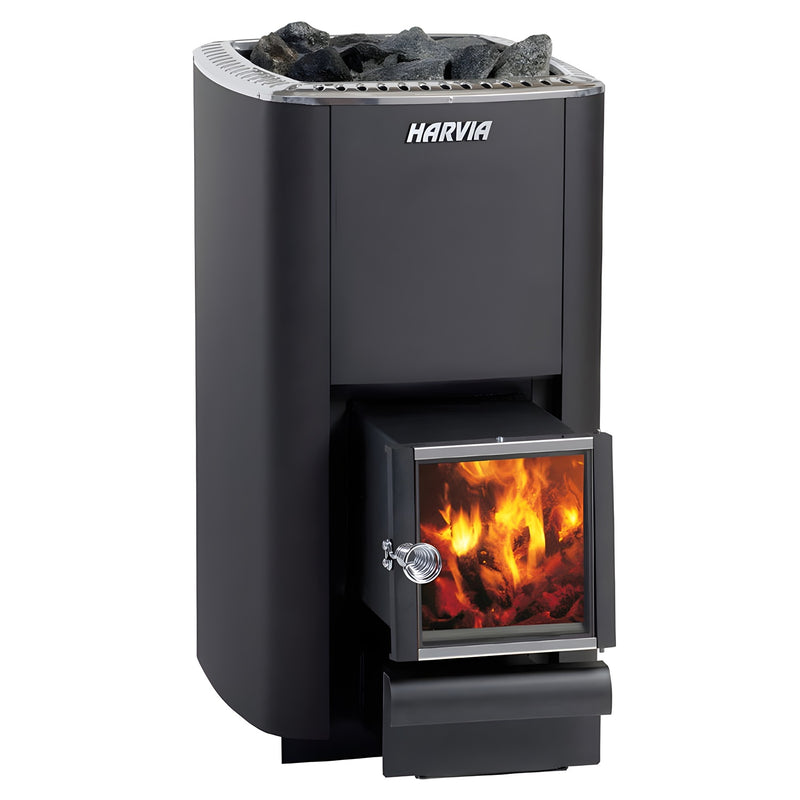 Black Harvia sauna heater with visible fire inside on a white background