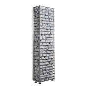 Tall vertical basket filled with stones on a white background