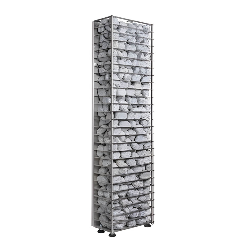 Tall vertical basket filled with stones on a white background